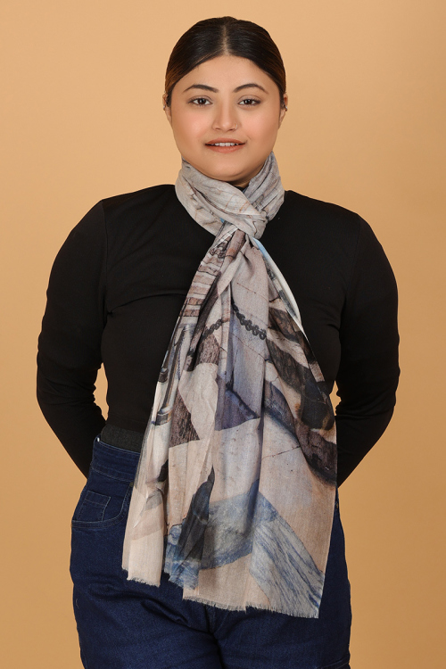 Grey and Black Modal Silk Printed Stole