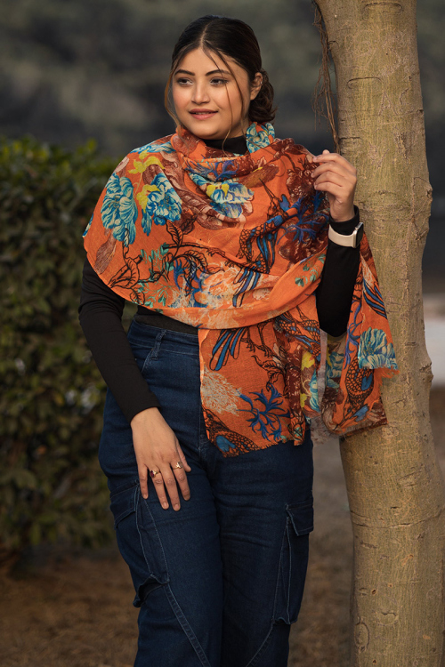 Bright Orange Print Gauze Print Stole