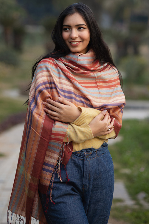 Multi Color Checkered Silk and Wool Stole