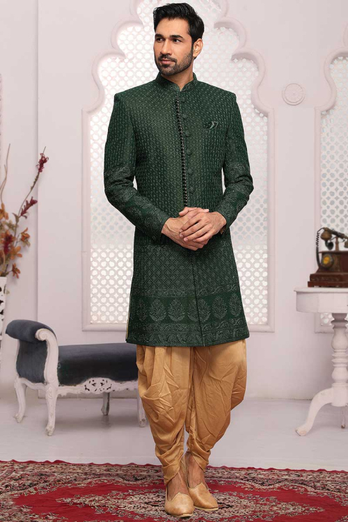 Stone And Thread Work Embroidered Georgette Dark Green Men Sherwani With Dhoti