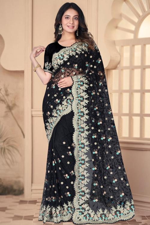 Stone Embellished Black Net Light Weight Saree