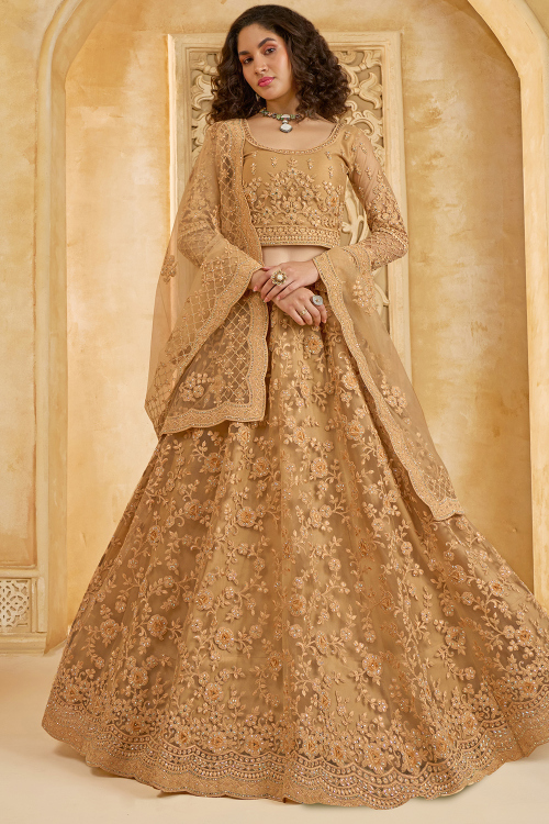 Stone Embellished Dark Beige Ready Made Panelled Style Net Lehenga