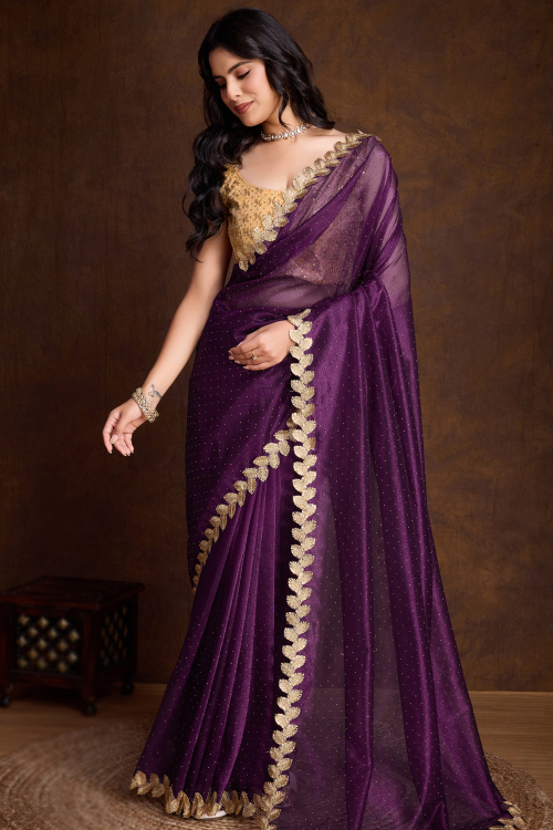 Stone Embellished Dark Purple Shimmer Net Saree