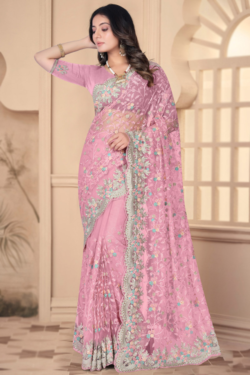 Stone Embellished Light Pink Net Light Weight Saree