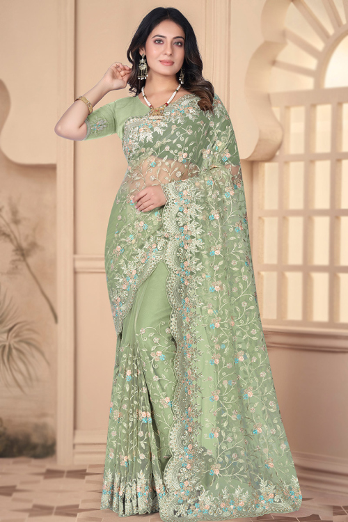 Stone Embellished Pistachio Green Net Light Weight Saree