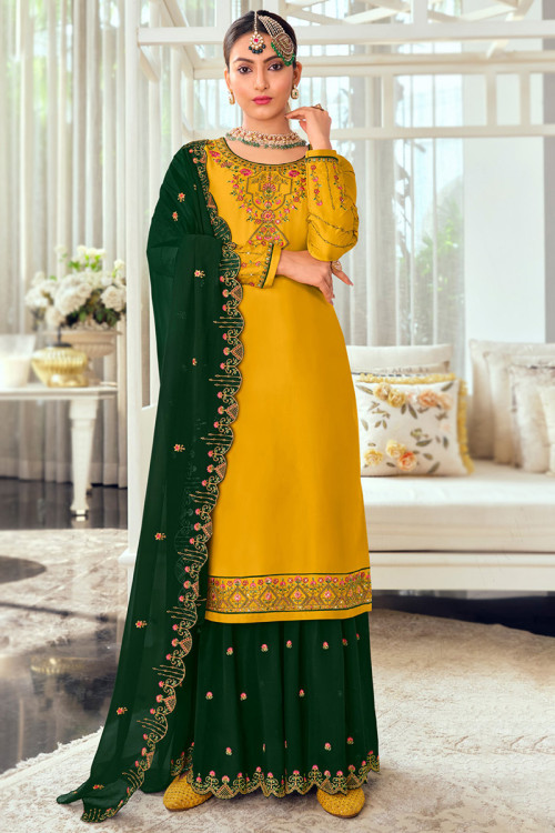 Yellow Silk Sharara Dress with Pure Chinon hand tie n dye Dupatta – CNP  Associates LLC