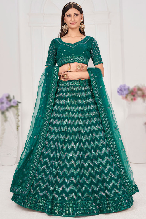 Stone Embroidered Georgette Teal Green Lehenga
