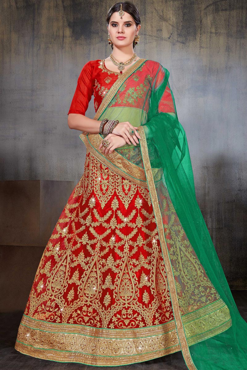Red Sangeet Lace Embroidered Lehenga in Net