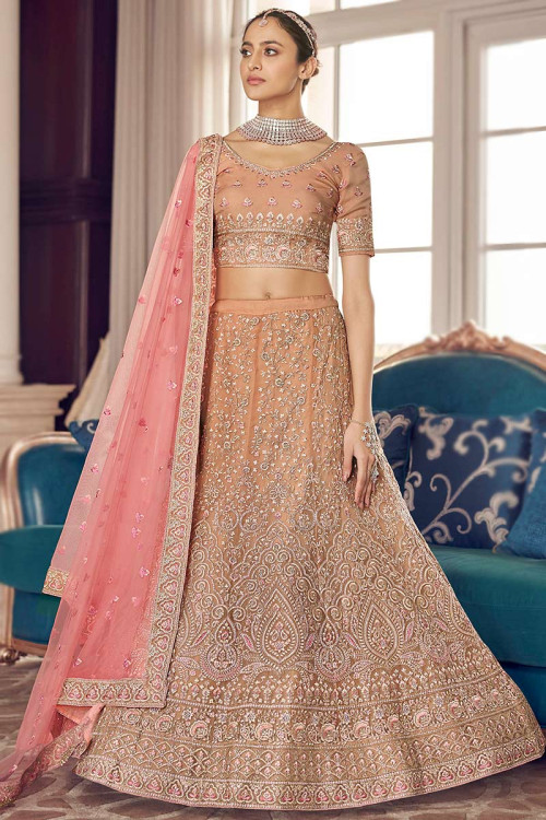 Peach Color Bridal Net Designer Wear Traditional Lehenga Choli -2159136735