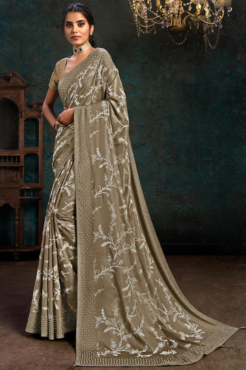 Stone Grey Georgette Saree With Raw Silk Blouse