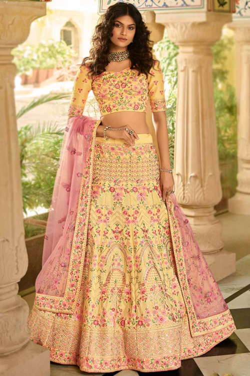Stone Work Embroidered Art Silk Pale Yellow Lehenga