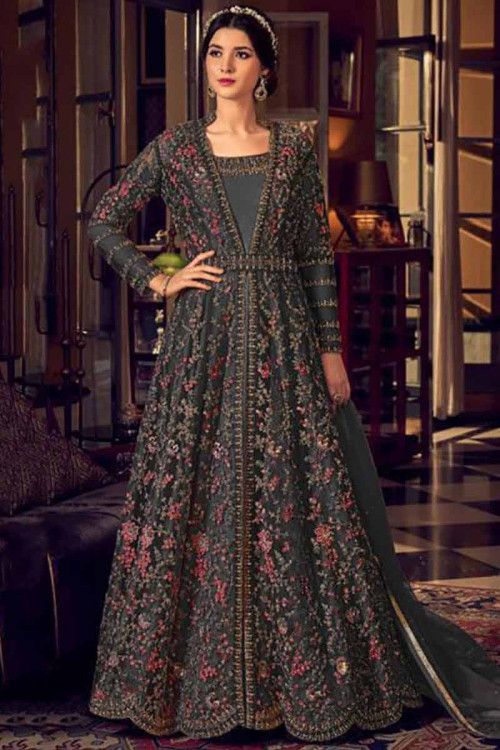 Embroidered Net Charcoal Grey Anarkali Suit