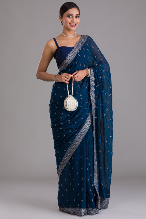 Stone Work Embroidered Chiffon Prussian Blue Saree