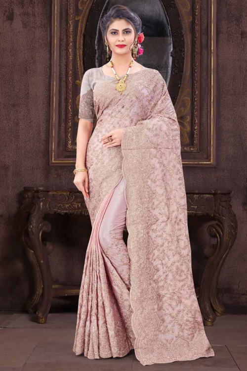 Stone Work Embroidered Chinnon Dusty Pink Saree