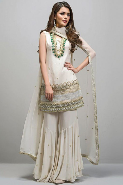 Stone Work Embroidered Crepe Off White Sharara Suit