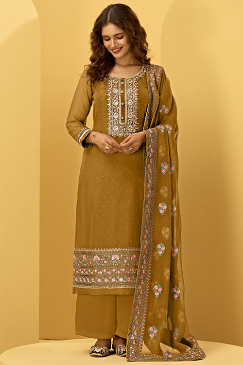 Stone Work Embroidered Georgette Mustard Yellow Trouser Suit