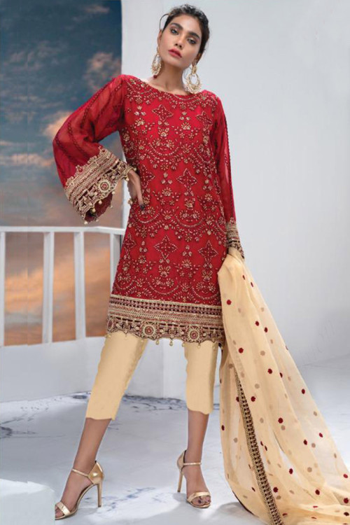 Heavy Embroidered Georgette Red Trouser Suit