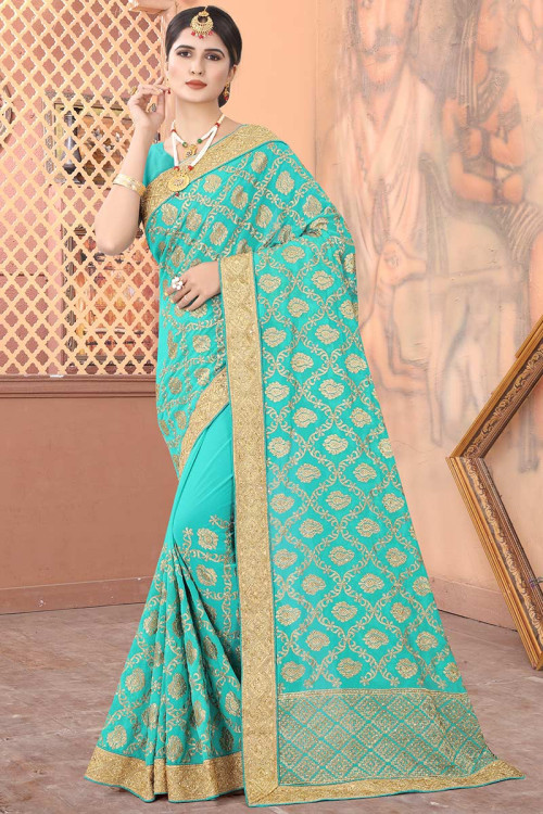 Stone Work Embroidered Georgette Turquoise Blue Saree