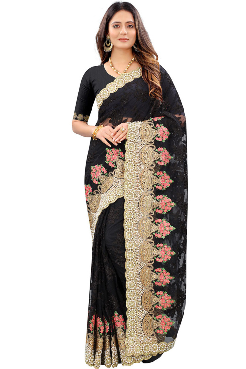 Stone Work Embroidered Net Black Party Wear Saree