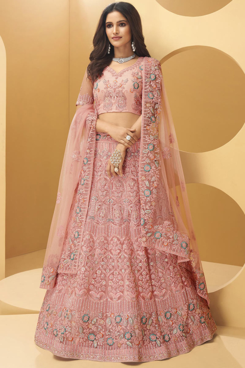 Stone Work Embroidered Organza Peach Pink Lehenga