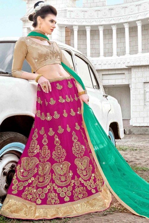 Zari Embroidered Net Ruby Pink Lehenga