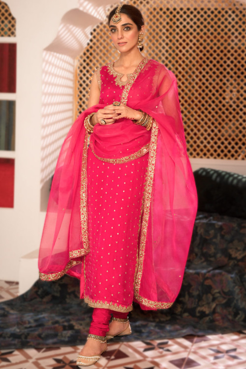 Stone Work Embroidered Organza Hot Pink Churidar Suit