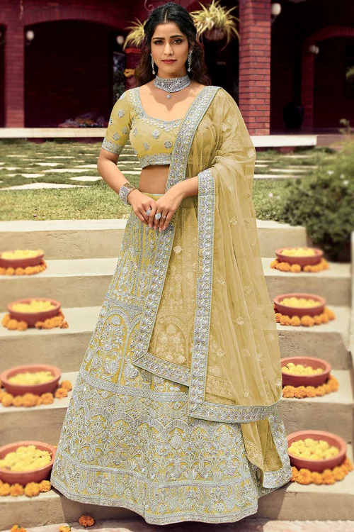 Stone Work Embroidered Organza Pistachio Green Lehenga