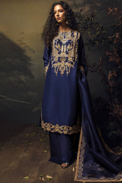 Stone Embroidered Satin Dark Blue Trouser Suit