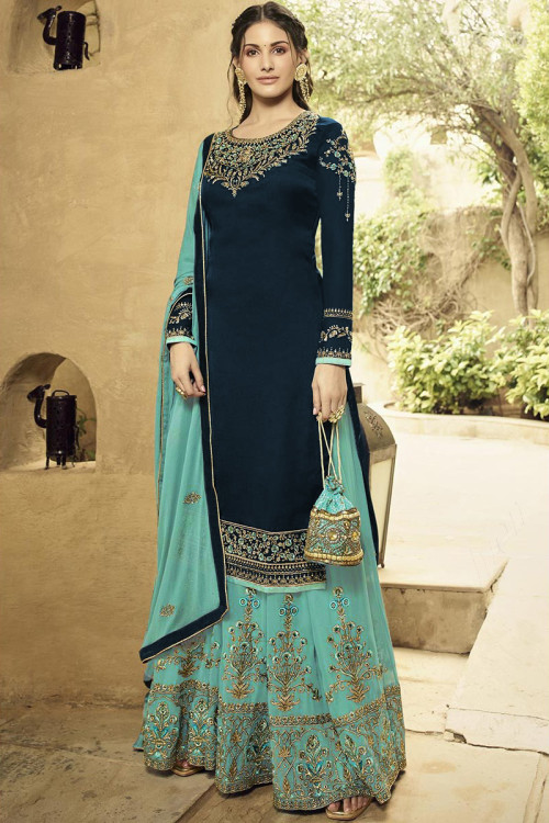stone work embroidered satin georgette prussian blue sharara suit lstv09546 1 1