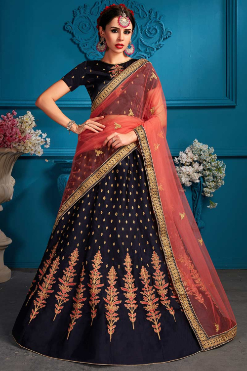 Stone Work Embroidered Satin Navy Blue Lehenga