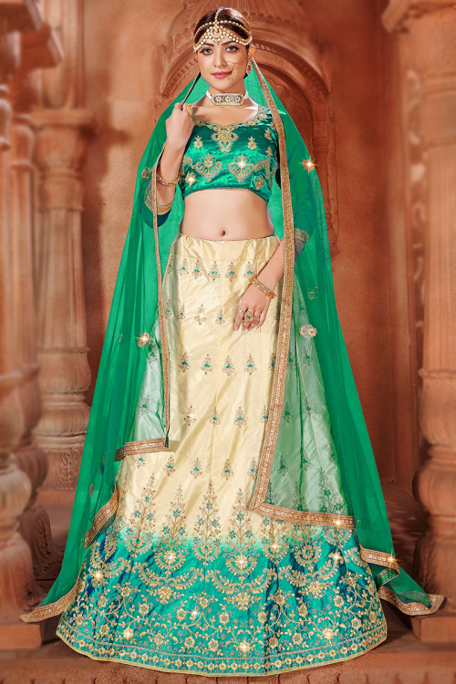 Stone Work Embroidered Silk Cream Beige Ombre Lehenga