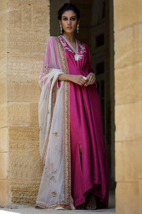 Stone Work Embroidered Silk Magenta Pink Anarkali Suit