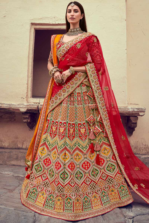 Stone Work Embroidered Silk Red Lehenga Blouse