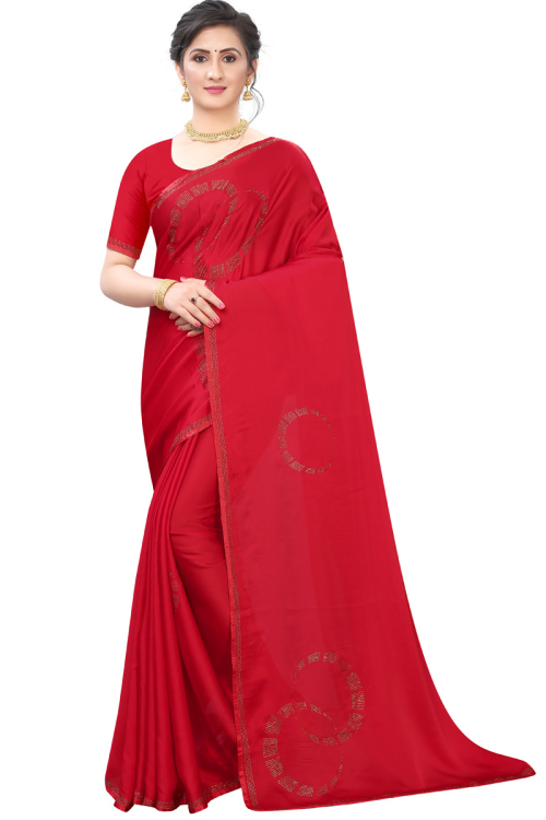 Stone Work Satin Red Saree