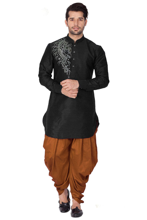 Straight Cut Black Dupion Silk Embroidered Men's Kurta With Dhoti