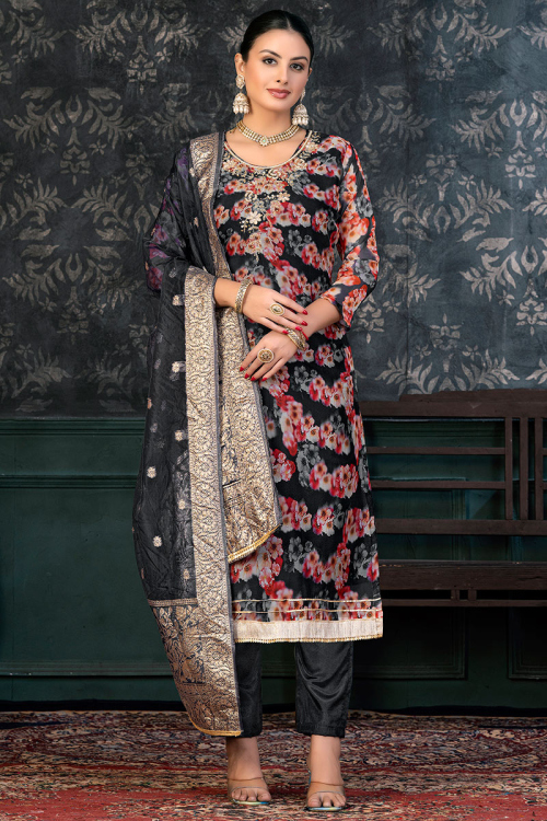 Straight Cut Organza Black Printed Trouser Suit