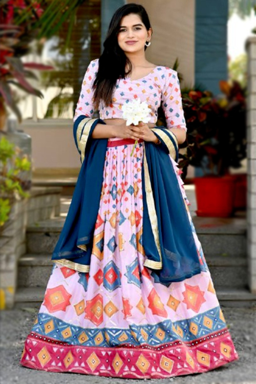Stylist Pale Pink Printed Chinnon Lehenga Choli For Sangeet 