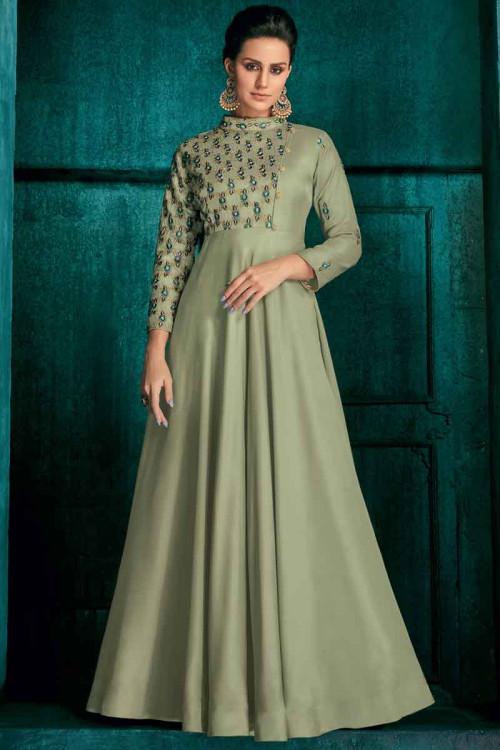 Taffeta Silk Designer Gown In Fern Green Color
