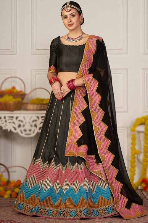 Taffeta Silk Black Resham Embroidered Panelled Style Lehenga