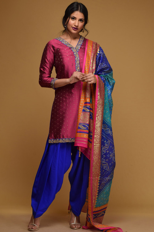 Rani Pink Paper Foil Print Heavy Dhupian Partywear Patiala Suit For Girls  Wear - White Button - 2621170