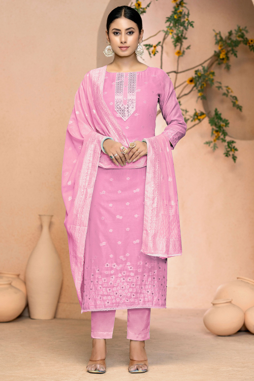 Taffy Pink Cotton Woven Zari Straight Cut Suit