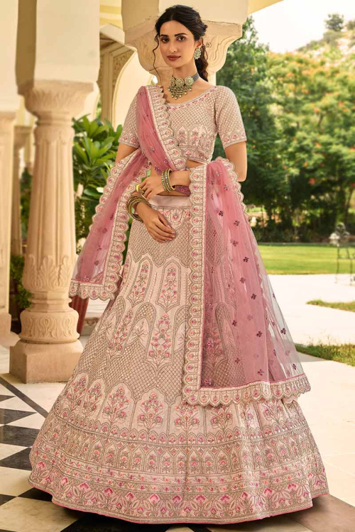Taffy Pink Crepe Embroidered Wedding Lehenga