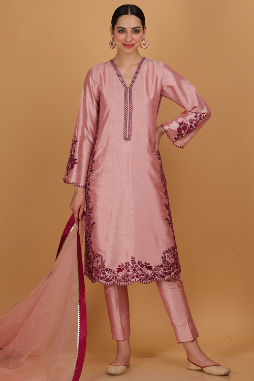 Taffy Pink Dupion Silk Embroidered Cigarette Pants Suit