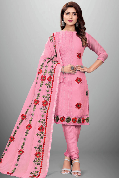 Taffy Pink Embroidered Chanderi Silk Casual Wear Churidar Suit 