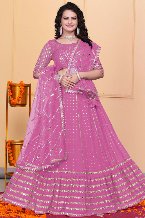 Taffy Pink Embroidered Flared Style Georgette Lehenga