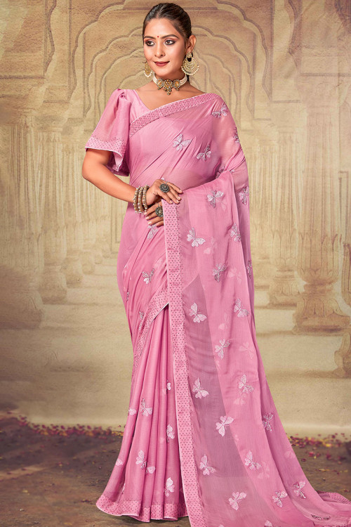 Taffy Pink Stone Embroidered Chiffon Sangeet Saree 