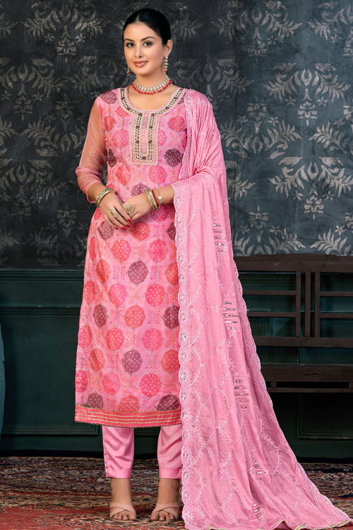Taffy Pink Straight Cut Organza Embroidered Trouser Suit