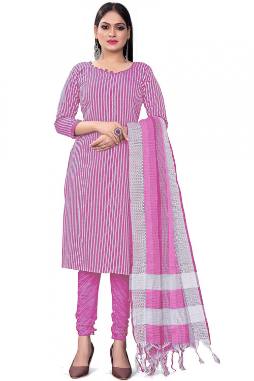 Taffy Pink Weaved Thread Cotton Straight Cut Churidar Suit 