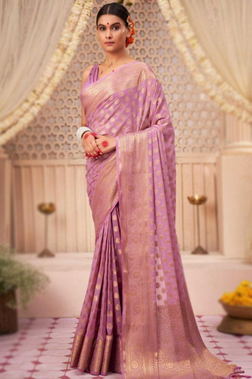 Taffy Pink Weaved Zari Silk Traditional Broad Border Saree