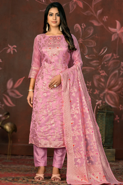 Taffy Pink Woven Zari Organza Straight Cut Trouser Suit